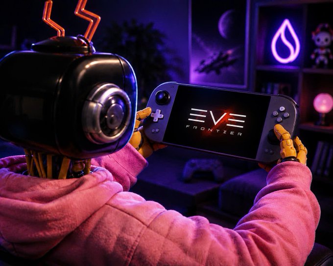A robot in a pink hoodie playing a video game called 'EVE Frontier' on a handheld console in a neon-lit cyberpunk gaming room.