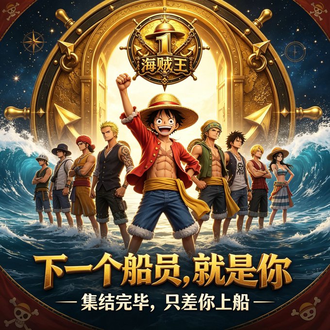 Anime-style poster showing a group of pirate characters standing in ocean waves, with a large golden ship's wheel behind them and Chinese text reading "下一个船员,就是你" (The next crew member is you) and "集结完毕,只差你上船" (Assembly complete, just waiting for you to board).