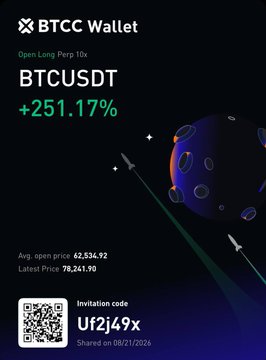 A BTCC Wallet promotional graphic displays a BTCUSDT trade with a +251.17% gain, showing an average opening price of $62,534.92 and latest price of $78,241.90, alongside an invitation code "Uf2j49x" shared on 08/21/2025. The image visually supports the post's claim of a profitable long position near the $62.5K bottom, complementing the "BUY THE BOTTOM. SHORT THE SQUEEZE." trading strategy.