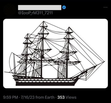 A black-and-white line drawing of a detailed sailing ship with three masts and intricate rigging is posted by Twitter user @1ooPrM311_7211. The caption "Crazy accuracy from riddlers" suggests the ship illustration is a impressively precise response to a riddle, likely depicting a vessel or nautical theme that solvers correctly identified.
