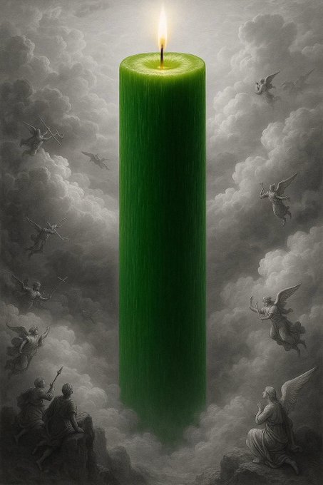 A surreal painting featuring a large lit green candle floating in dramatic cloudy skies, surrounded by grayscale angels wielding spears and figures in the clouds.