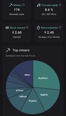 A crypto dashboard shows KAS (Kaspa) at $2.60, down 5.6%, with 174 miners, a hash rate of 2.45 EH/s, and “Top miners” led by LuxorPool. The image reflects the post’s claim about joining Kaspa during its early adoption and potentially benefiting if KAS later reaches “a billion dollars per coin.”