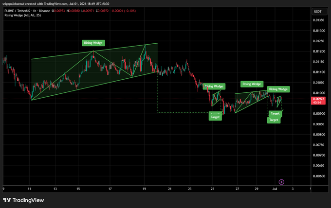 A TradingView candlestick chart for PLUME/USDT showing 'Rising Wedge' technical analysis patterns with target and invalidation levels marked in green.