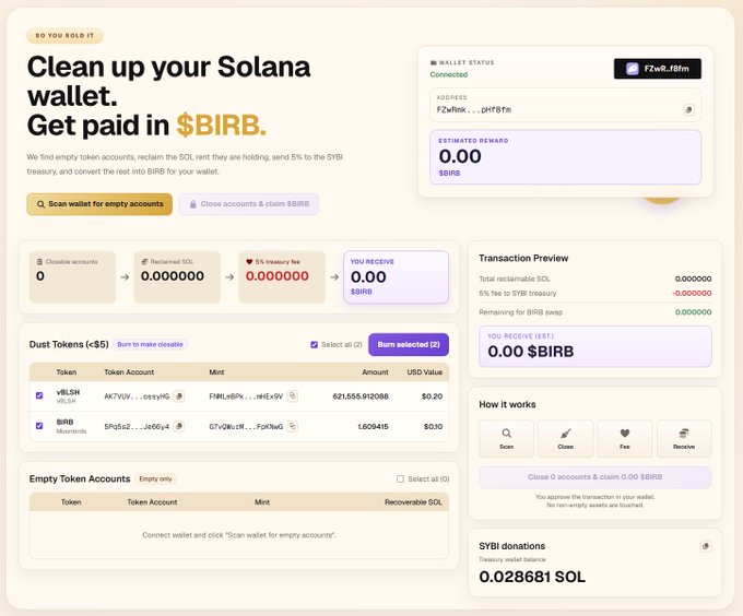 A web interface for a Solana wallet cleanup tool titled 'Clean up your Solana wallet. Get paid in $BIRB', showing wallet status, dust tokens, and transaction preview details with zero balances.
