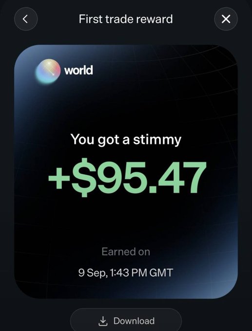 A mobile app screenshot from World (Worldcoin) showing a 'First trade reward' notification that reads 'You got a stimmy +$95.47', earned on 9 Sep, 1:43 PM GMT.