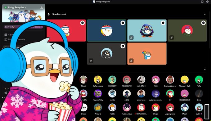 A Discord server called "Pudgy Penguins" showing a speaker view with penguin avatars and a large Pudgy Penguin character wearing headphones and holding popcorn on the left side.