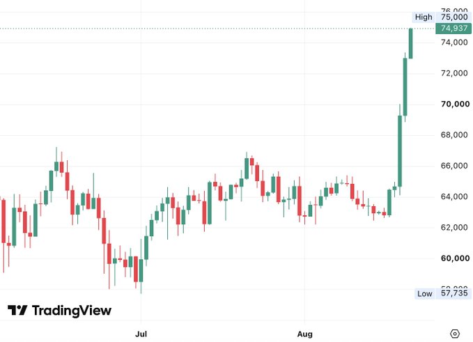 A TradingView candlestick chart showing price movement from July to August, with a high of 75,000, low of 57,736, and current value around 74,937.