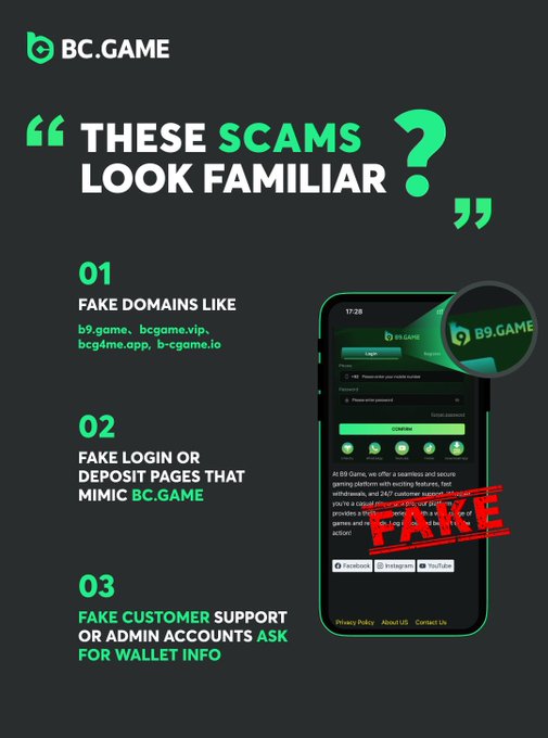 An infographic from BC.GAME warning 'THESE SCAMS LOOK FAMILIAR?' listing three scams: 01) Fake domains like b9.game, bcgame.vip, b9.me.app, b-cgame.io; 02) Fake login or deposit pages mimicking BC.GAME; 03) Fake customer support asking for wallet info, alongside a phone showing a fake site stamped 'FAKE'.