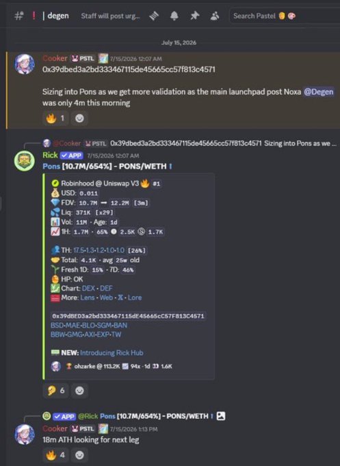 A Discord conversation in the #degen channel shows discussions about the $PONS token, with a Cooker post announcing "Sizing into Pons" and detailing key metrics including a 10.7M/654% token value, 113.2K holders, and a Robinhood V3 Uniswap V3 listing at $0.011, with Rick Hub highlighting "Introducing Rick Hub" and noting "shrurke to 113.2K." The screenshot visually validates the accompanying caption's claim of an 8000x gain, as the initial entry near 939m market cap contrasts sharply with the later 113K holder milestone discussed in the channel.