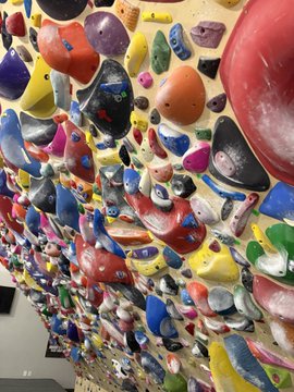 A colorful indoor rock climbing wall densely covered with climbing holds in various shapes and vibrant colors like red, blue, yellow, purple, and green.