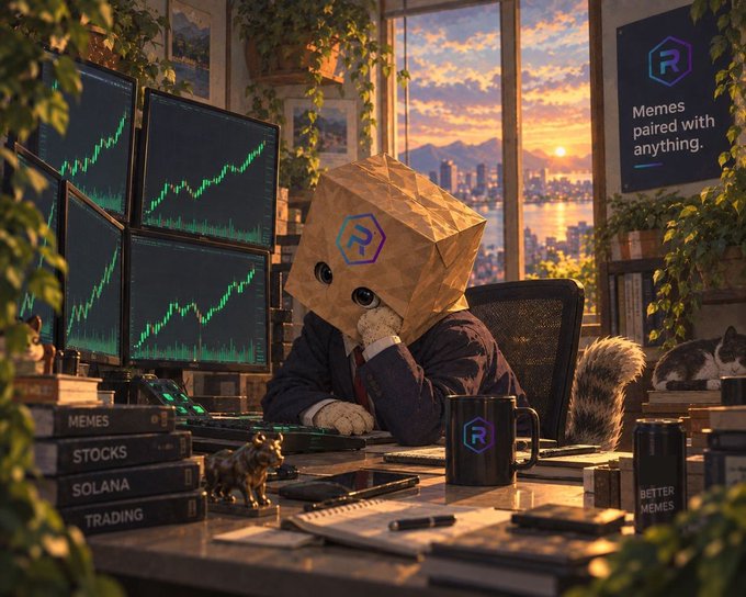 A figure in a suit sits hunched at a desk wearing a paper bag with the Raydium (R) logo on it, surrounded by trading monitors, memes/stocks/Solana/trading books, and a "Memes paired with anything" sign, with cats lounging nearby. The image visually plays on the "cat in the bag" phrase—pairing Raydium's mascot with trading imagery to suggest the protocol is cleverly bundling meme tokens with everything.