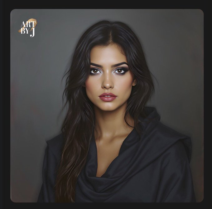 A digital portrait of a woman with long dark hair, striking eyes, and dark lipstick, wearing a draped black garment against a gray background, with the watermark 'ART BY J' in the top left corner.