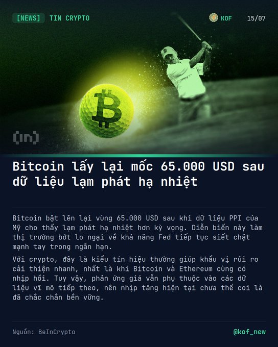 A crypto news graphic from KOF dated 15/07 showing a glowing Bitcoin golf ball and a golfer, with Vietnamese text about Bitcoin recovering to $65,000 USD.