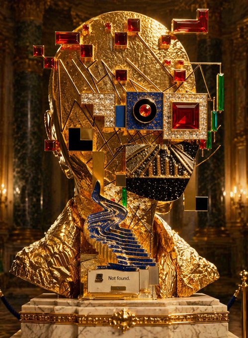 An ornate, golden bust covered in geometric designs, gemstones, and a 'Not found.' error message in a gothic, opulent setting.