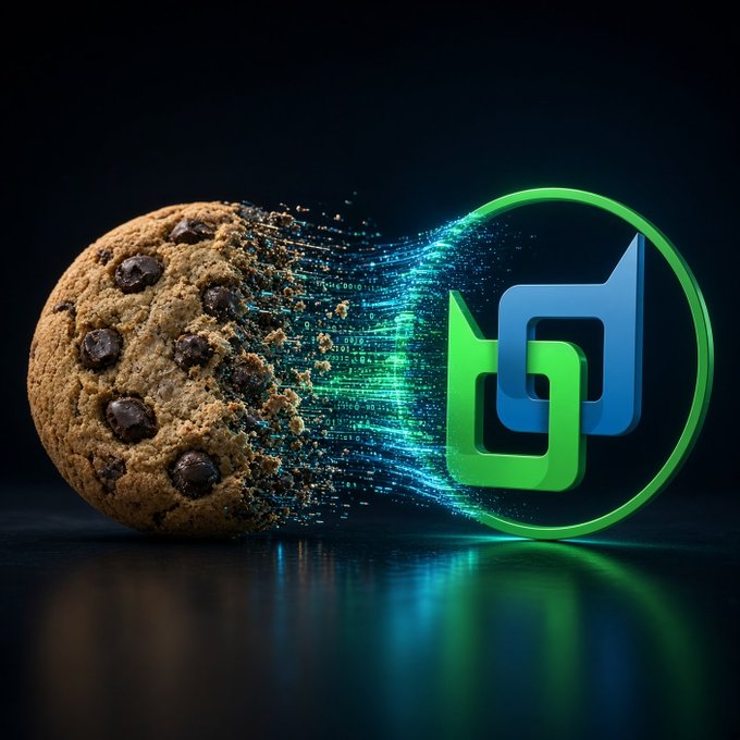 A digital art piece showing a chocolate chip cookie breaking apart with glowing blue binary code streaming into a green and blue app icon.