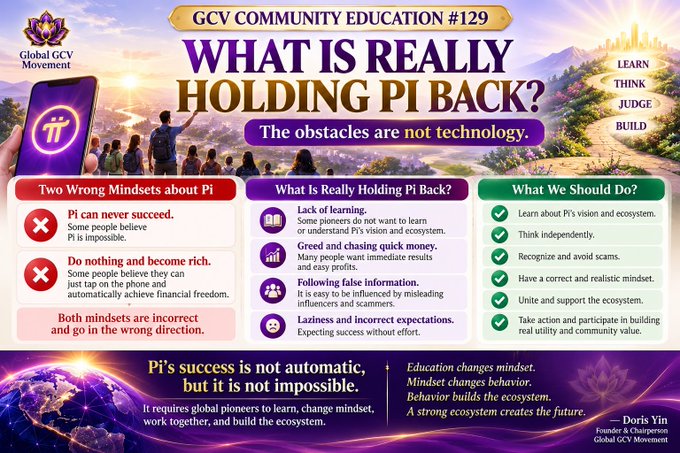 The image is a promotional graphic from Global GCV Movement titled "GCV Community Education #129: What Is Really Holding Pi Back?" featuring a section on "The obstacles are not technology" and listing two wrong mindsets about Pi ("Pi can never succeed" and "Do nothing and become rich"), what is really holding Pi back (lack of learning, greed, false information, and laziness), and what pioneers should do (learn, think independently, recognize scams, and unite to build the ecosystem). A quote from Doris Yin, Founder & Chairperson of Global GCV Movement, emphasizes that "Pi's success is not automatic, but it is not impossible," encouraging global pioneers to learn, change mindsets, and build the ecosystem together—directly supporting the accompanying post's message about addressing misconceptions holding Pi back.