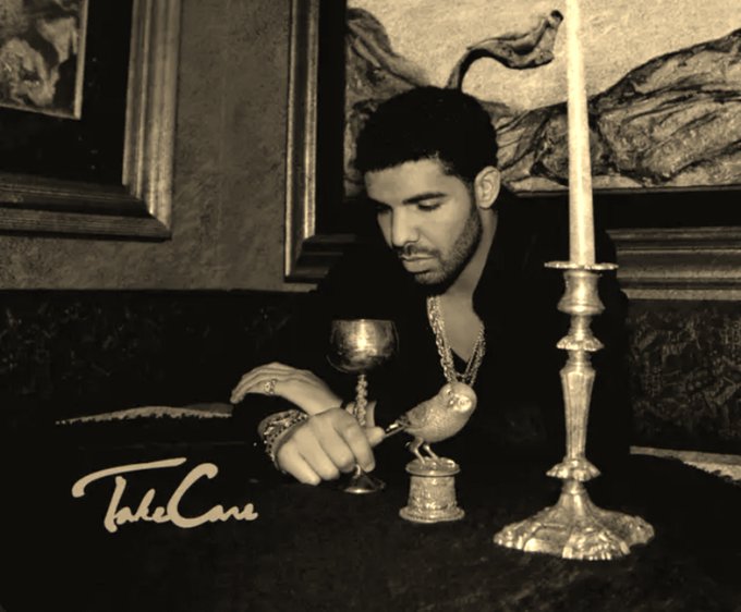 Sepia-toned promotional image for 'Take Care' featuring a man with chains holding a chalice and a small golden bird figurine next to a candle.