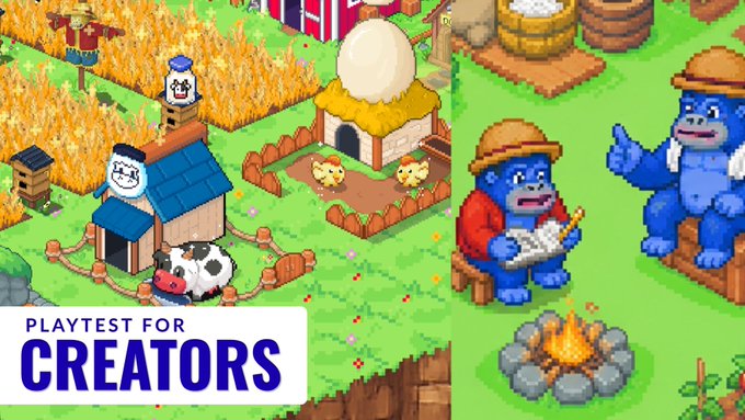 A pixel-art farming game screenshot titled 'PLAYTEST FOR CREATORS' showing colorful village scenes with characters, a chicken coop, a campfire, and blue gorilla-like NPCs.