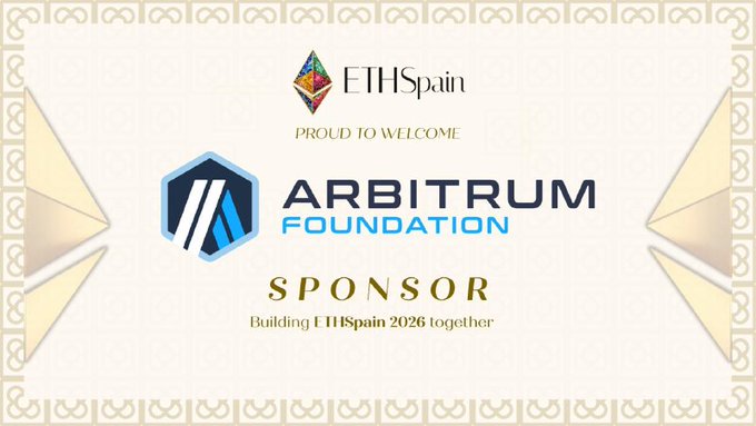 An ETHSpain graphic welcoming Arbitrum Foundation as a sponsor, featuring their logo and the text 'PROUD TO WELCOME ARBITRUM FOUNDATION SPONSOR Building ETHSpain 2026 together'.