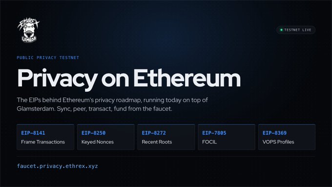 A dark-themed promotional graphic titled "Privacy on Ethereum" for the Public Privacy Testnet, featuring a skull logo with a beret and listing various EIPs including EIP-8141, EIP-8250, and EIP-8272.