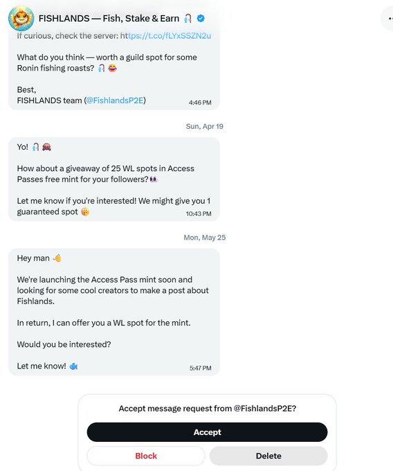 A Telegram chat screenshot showing messages from FISHLANDS (Fish, Stake & Earn) offering guild spots and a 25 WL giveaway for an Access Pass mint.