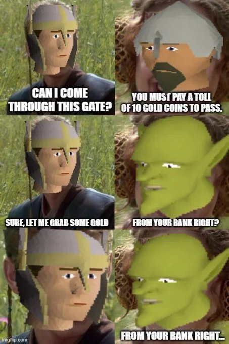 A six-panel Shrek and Donkey meme about paying a toll, where Donkey agrees to let Shrek pass through a gate after Shrek offers to take gold from his bank, culminating in the punchline 'from your bank right.'