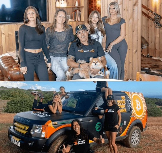 The image shows two photos of a group of people posing with a truck. The first photo captures the group standing around the truck, while the second photo depicts them sitting inside the truck. Both photos include a dog as well. The text "be your own Bitcoin" is present in both images, suggesting that the truck might be related to Bitcoin or cryptocurrency.