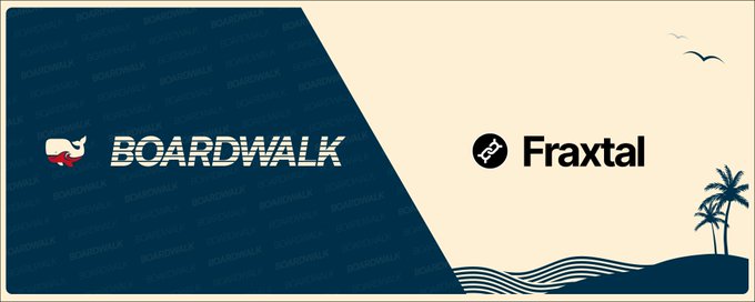 The image features a banner with two logos, one blue and one white, placed side by side against a gray background. The blue logo displays "Boardwalk" written in black text, while the white logo has "Fraxtal" written in black text. Below these logos is a description of what Fraxtal offers: "Fraxtal is live on Fraxtal gives builders access to our high-performance assets, DeFi infra, and frxUSD: the best stablecoin for DeFi economies. frxUSD supports Boardwalk token economy launches on Fraxtal by routing value back to projects as they grow." The text suggests that Fraxtal is a platform that connects users with decentralized finance projects, allowing them to invest in and manage their own tokens or assets within the blockchain ecosystem.