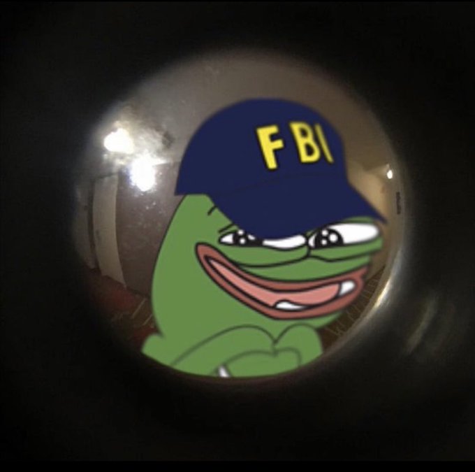 The 'FBI' Pepe meme shows the green cartoon frog wearing a blue baseball cap with yellow 'FBI' lettering, viewed through a peephole.