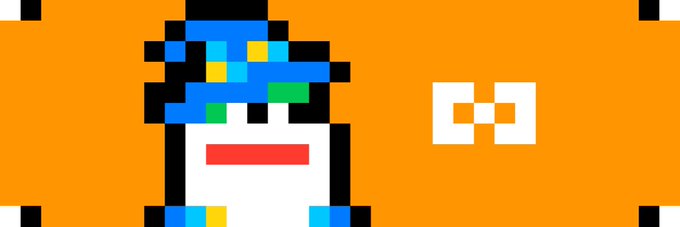 Pixel art of a wizard-like character wearing a blue pointed hat on an orange background, alongside an infinity-like symbol resembling two connected squares, complementing the post's reference to "∞/21M" and the playful "magic internet money" description.