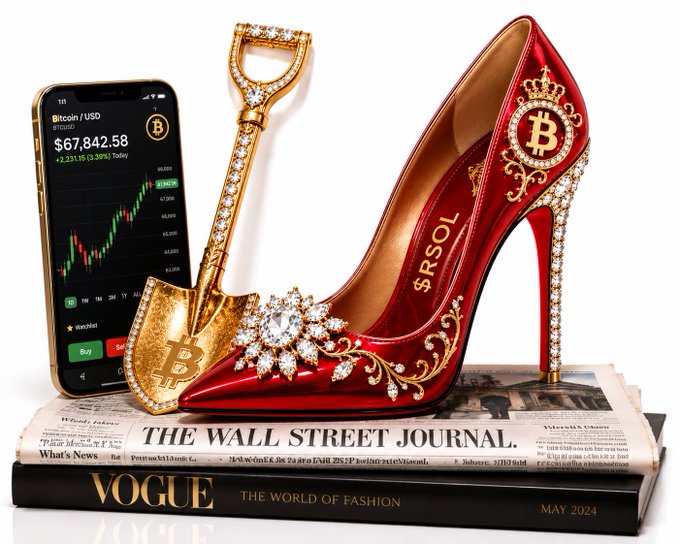 A Bitcoin-themed luxury product display featuring a gold shovel, a red high heel with the Bitcoin logo, and a smartphone showing Bitcoin's value, all resting on a copy of Vogue and The Wall Street Journal.