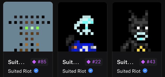 The image displays three pixel-art NFT cards from the "Suited Riot" collection, with suit-themed artwork and token IDs #85, #22, and #43, all verified as official "Suited Riot" assets. The pixelated characters—a figure in a suit, a mushroom-headed character, and a suited raccoon-like figure—likely represent examples from the collection, celebrating the project's move to the Ethereum mainnet as mentioned in the accompanying post.