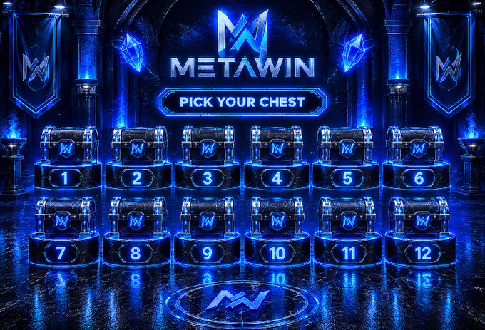A promotional graphic for 'METAWIN' featuring a 'PICK YOUR CHEST' game display with 12 numbered treasure chests on pedestals in a blue-lit, fantasy-themed environment.