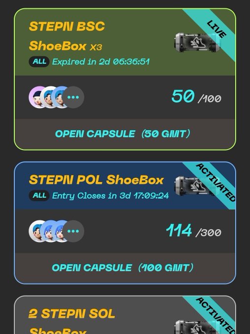 Three STEPN NFT loot boxes displayed on a dark background: 'STEPN BSC ShoeBox X3' (50/100, expiring in 2d 06:36:51), 'STEPN POL ShoeBox' (114/300, activated), and 'Z STEPN SOL ShoeBox', all labeled as capsules requiring GMT tokens to open.