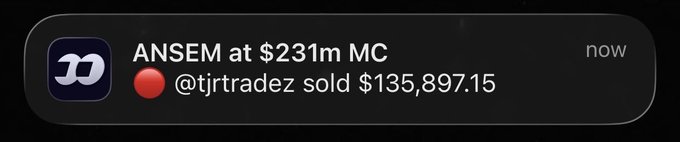 A notification shows that @tjrtradez sold $135,897.15 of ANSEM at a $231m market cap, indicating a significant sale. The post suggests this transaction signals the bottom for the ANSEM token.