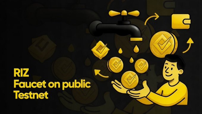 An illustrated advertisement reads 'RIZ Faucet on public Testnet,' depicting a cartoon man receiving Binance (BNB) coins from a faucet.