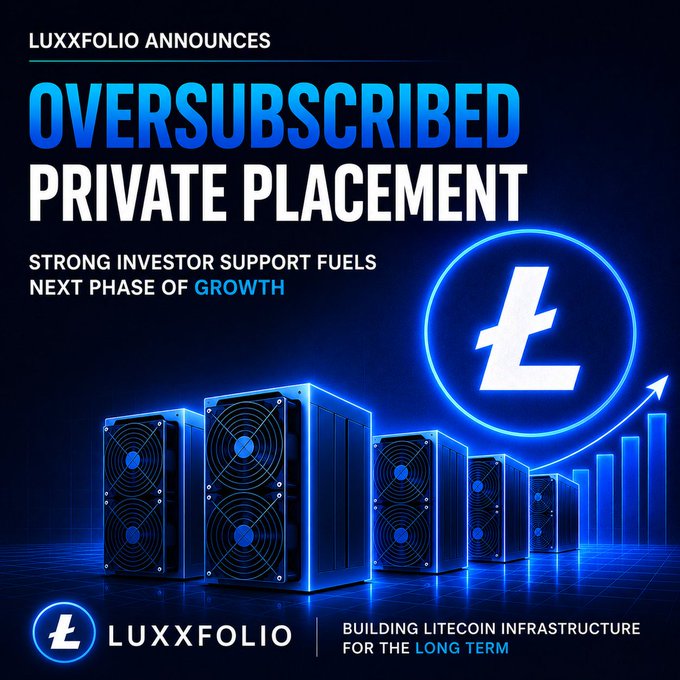 Luxxfolio announces an oversubscribed private placement highlighting strong investor support for growth in Litecoin mining infrastructure, alongside their tagline "Building Litecoin Infrastructure for the Long Term."