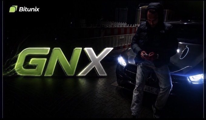 A nighttime street scene shows a hooded man looking at his phone while leaning against a dark car, with a glowing green "GNX" graphic displayed prominently and the "Bitunix" logo in the upper left corner. The image reinforces the post's humor about obsessive trading behavior, pairing the "GNX" promotion with a visual of someone checking their phone—capturing the "check trade, pretend I didn't, check again" cycle described in the caption.