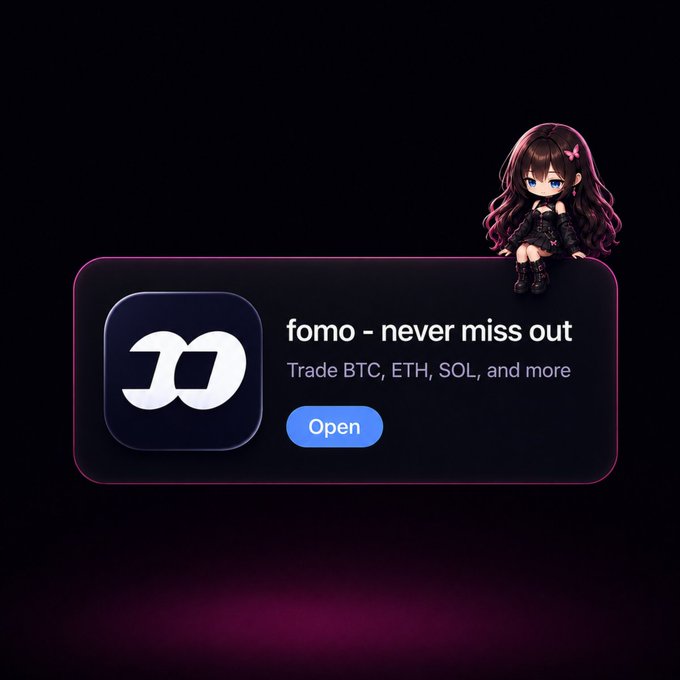 A mobile app advertisement for 'fomo - never miss out' featuring an anime-style character sitting on a dark UI card with the tagline 'Trade BTC, ETH, SOL, and more.'