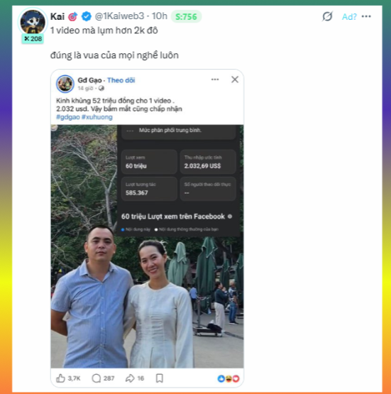 A screenshot of a tweet from user 'Kai @1Kaiweb3' discussing a controversial 'Gò Gọt' Facebook account, quoting a post that shows an older couple alongside statistics like '60 triệu Lượt xem trên Facebook' and '2,032,69 US'.