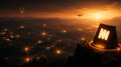 The image captures a serene moment of sunset with an eerie feeling since and a connecting motion with elements in the distance. On the right-hand side, there is an "M" inside a vertical square that is leaning to the right hand side. The accompanying caption about Minima_Global and ARM appears to relate to the technological possibilities hinted at by the aerial view and connection points in the image. The image somewhat visually matches with the element of emerging tech, with the "M" sign possibly hinting at a new element for a tech company or product.