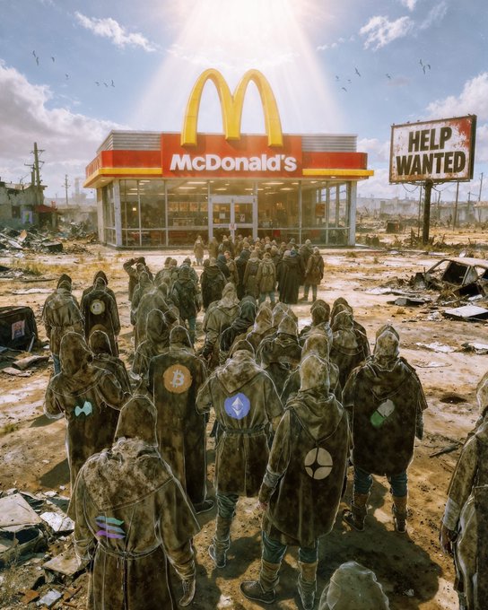 A man dressed as a character from the video game Minecraft wearing robes stands in front of a McDonald's restaurant with people around him, who are also dressed like the character. The setting appears to be a deserted area or an abandoned building near a McDonald's location. On the right side of the image, there is a post for a virtual event called "Crypto bros tomorrow" which features people dressing up in Minecraft-related costumes and possibly discussing the game or other related topics like Bitcoin and cryptocurrency. The primary focus should be on this event as it appears to be the main subject of interest within the context of the image, along with the McDonald's store and the character dressed up like a Minecraft character.