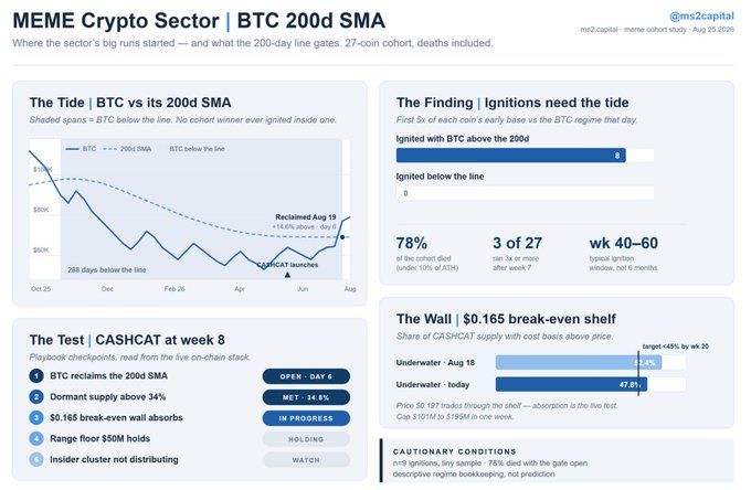 A financial infographic titled 'MEME Crypto Sector | BTC 200d SMA' by @ms2capital dated Aug 20 2025, displaying charts and statistics about Bitcoin's 200-day simple moving average, including data about CASHCAT, market caps like $61.5M, and supply metrics.