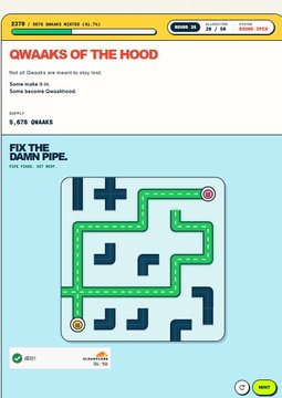 A screenshot from the "Qwaks of the Hood" Web3 game (Issue #9, dated October 2023) showing a "Fix the Damn Pipe" puzzle with a score of 6,478, paired with a promotional post sharing free and OpenSea links to the collection.