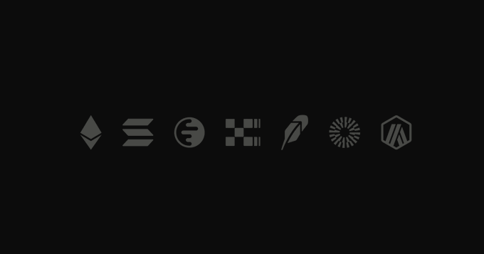 A row of seven dark cryptocurrency logos displayed on a black background, including Ethereum, Solana, Worldcoin, and others.