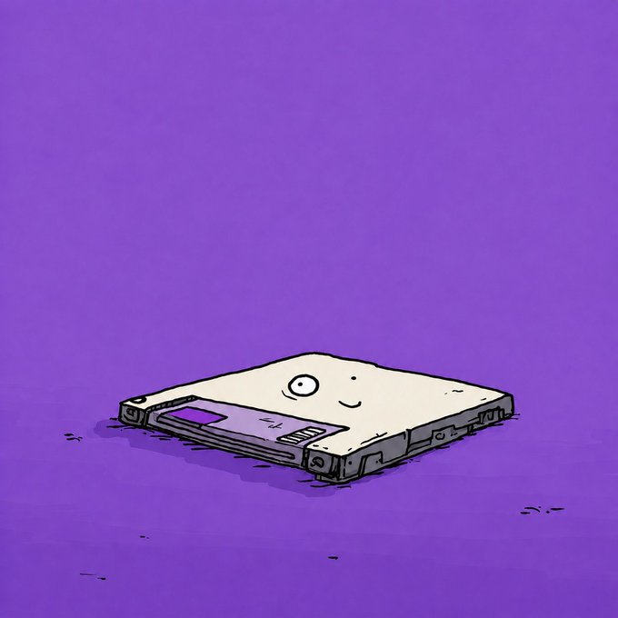 A cartoon illustration of a sad 3.5-inch floppy disk on a purple background.