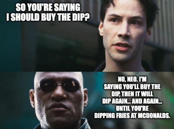 A caption for this image could be: "A humorous 'Matrix' meme where Morpheus, depicted as Neo, urges the viewer to 'buy the dip' in the stock market, implying that, like the character's repeated choice to dip fries, it's a decision one will keep making until a point of financial comfort is reached."