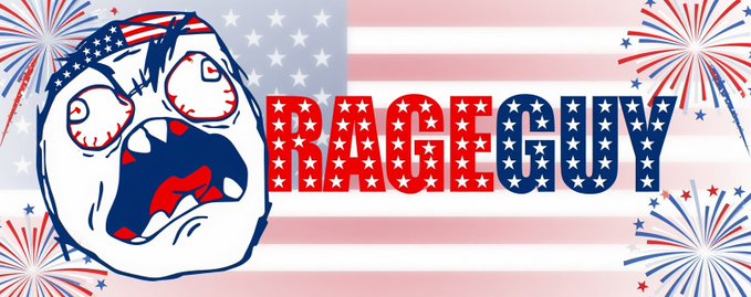 A rage face meme with an American flag background featuring a screaming face and the text 'RAGEGUY' in stars and stripes lettering, with firework graphics in the corners.