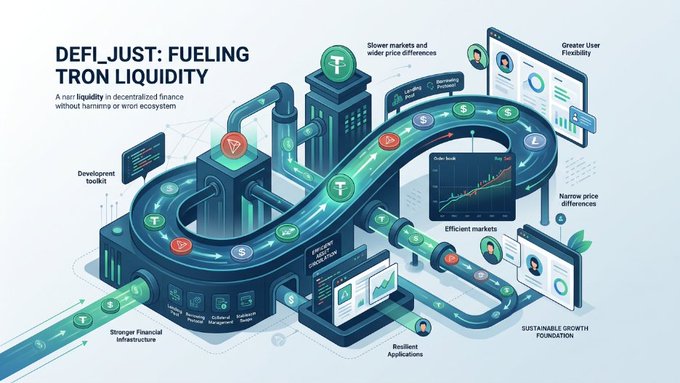An infographic titled 'DEFI_JUST: FUELING TRON LIQUIDITY' depicting a stylized isometric ecosystem with pipes, coins, and screens labeled with terms like 'Stronger Financial Infrastructure' and 'Efficient markets'.