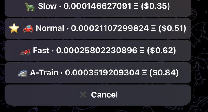 The image shows a transaction speed selection menu with four options (Slow, Normal, Fast, A-Train) displaying cryptocurrency gas fees in ETH ranging from 0.000146627091 ETH (~$0.35) to 0.0003519209304 ETH (~$0.84). It relates to the post "GAS ON ROBINHOOD, i don't understand anymore 👀" by illustrating the confusing array of gas fee options users face on the Robinhood crypto platform.